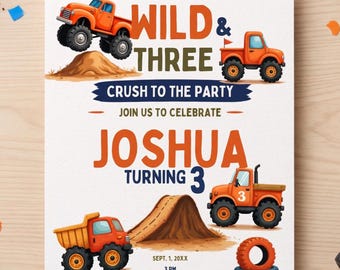 young wild three monster truck birthday invitation, off road racing party, editable Canva template, instant download