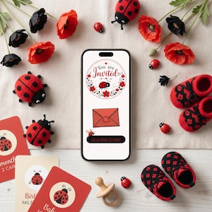 May include: A smartphone displays an invitation with the text "You are Invited" surrounded by a ladybug and floral design. The image includes red and black ladybug-themed items, baby booties, cards, and flowers, creating a whimsical, celebratory theme.