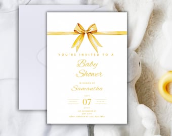 Yellow Bow Baby Shower Invitation, Pastel Printable (Canva Template)