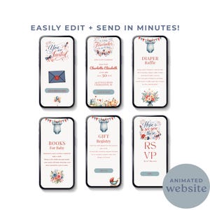 May include: Six smartphone screens showcasing baby shower invitation templates. Each screen has a unique design, with text such as "You are Invited," "Diaper Raffle," and "Gift Registry." The overall theme is a baby shower.