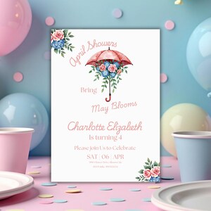 Invitación "Las lluvias de abril traen flores de mayo" (Descarga instantánea) Invitación para el 4.º cumpleaños Fiesta de cumpleaños de primavera Plantilla editable