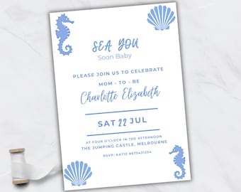 Zaproszenie na baby shower w tematyce oceanicznej: Szablon Canva Sea You Soon (do pobrania w wersji drukowanej)