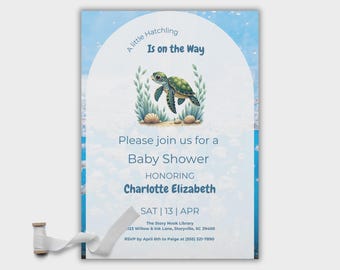 Zaproszenie na baby shower z motywem żółwia, motyw oceaniczny (edytowalny szablon)