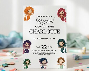 Mermaid 5th Birthday Invitation Editable Canva Template Under the Sea Girls Party