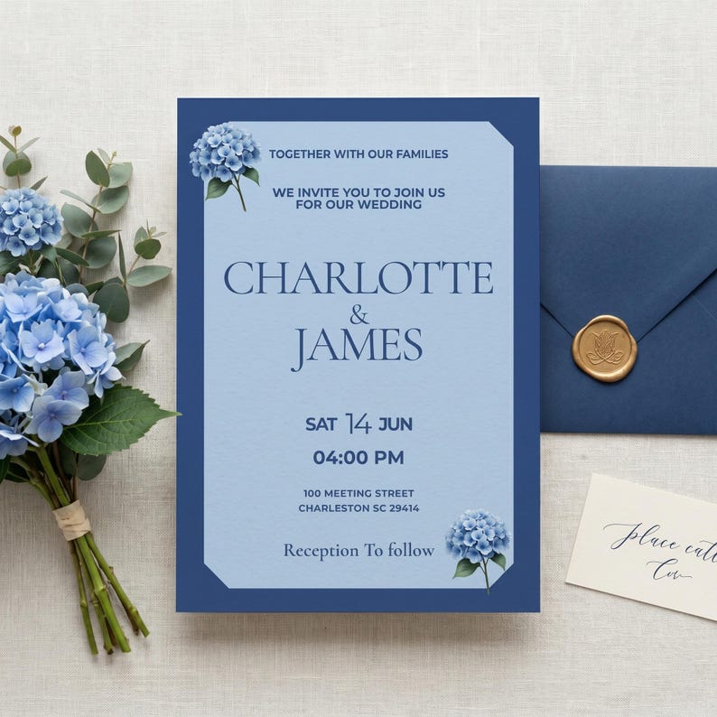 Blue Hydrangea Wedding Invitation Template Elegant Floral Editable ...