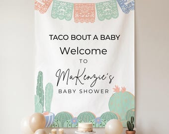 Cartel de bienvenida para baby shower con temática de tacos y cactus (editable e imprimible, descarga instantánea)