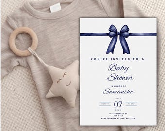 Szablon zaproszenia na baby shower z niebieską kokardą (do pobrania w wersji cyfrowej)