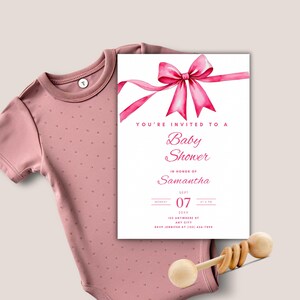 Pink Bow Baby Shower InvitationInstant DownloadBaby GirlPink Coquette Baby Shower InviteEditable Printable TemplateCanva