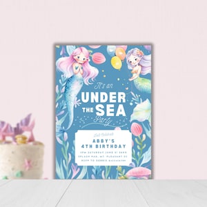 Mermaid 4th birthday invitationinstant downloadfourth birthday un-four-gettable shellebration Mermaidmermaidsunder the sea