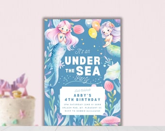 Mermaid 4th birthday invitationinstant downloadfourth birthday un-four-gettable shellebration Mermaidmermaidsunder the sea