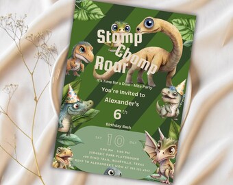 May include: Green and white dinosaur birthday party invitation with the text "Stamp Chomp Roar" and "It's Time for a Dino-Mite Party". The invitation includes the name "Alexander's 6th Birthday Bash" and details for the party, including the date, time, and location.