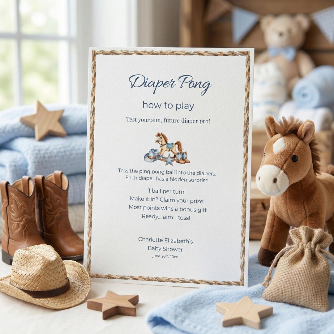 Diaper Pong Baby Shower Game Printable 5x7 Cowboy Theme Party Sign ...