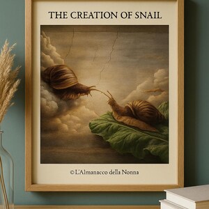 May include: A framed art print titled "THE CREATION OF SNAIL." The artwork shows two snails, one on a leaf, the other in the clouds, with their antennae touching. The print has a light background and is in a wooden frame.