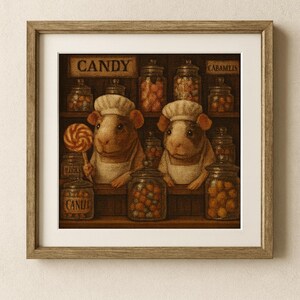 Può includere: Stampa incorniciata con due porcellini d'India vestiti da chef in un negozio di caramelle. La stampa mostra scaffali pieni di barattoli di caramelle e la parola "CANDY" sopra. Un porcellino d'India tiene in mano un lecca-lecca.