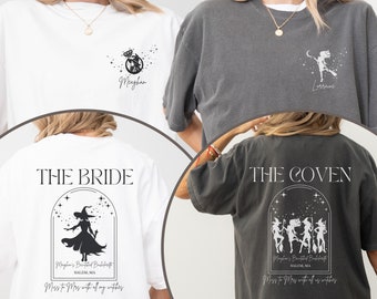 Kundenspezifisches Hexen-Junggesellinnenabschieds-Hemd mit Vorder- und Rückseite, Braut's Coven Bachelorette-Hemden, gotisches magisches Braut Bachelorette Geschenk, Hexe Bach