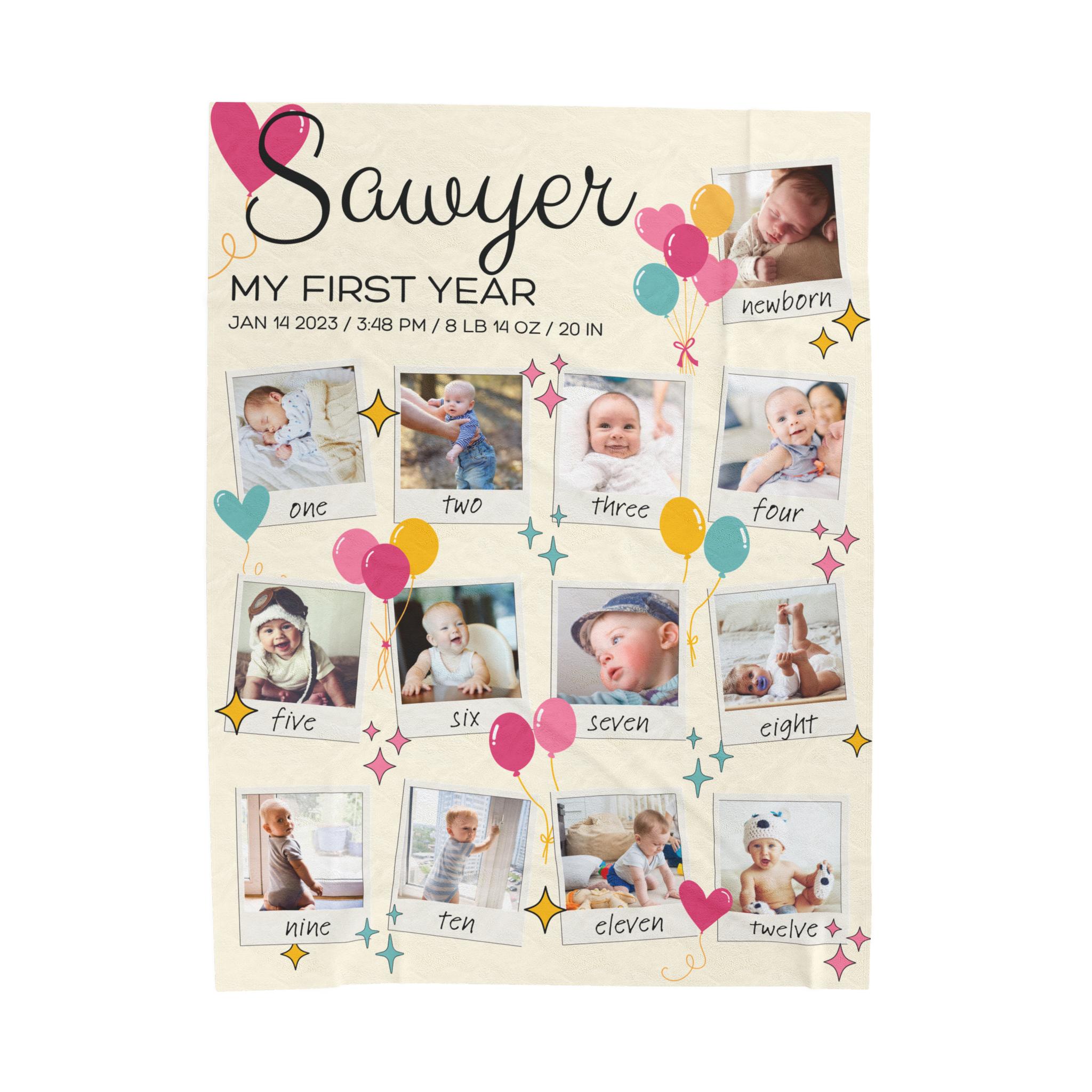 Baby's First Year Photo Blanket | Velveteen Plush Milestone Gift | Blanket With a Photo