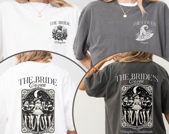 Kundenspezifisches Hexen-Junggesellinnenabschieds-Hemd mit Vorder- und Rückseite, Braut's Coven Bachelorette-Hemden, gotisches magisches Braut Bachelorette Geschenk, Hexe Bach
