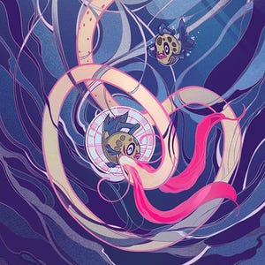 May include: An artistic illustration of an underwater scene with fish and a pink serpent-like creature. The artwork features a vibrant color palette, with shades of blue, pink, and green. The fish have unique patterns and the serpent has a spotted design.