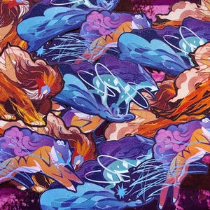 May include: A collection of colorful, stylized patches featuring a mythical creature design. The patches showcase a palette of orange, blue, purple, and white, with intricate details and a celestial theme. The patches are likely for clothing or accessories.