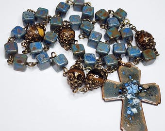 Anglican Prayer Beads - Protestant Rosary -Bronze Blue Cube Glass Brown Tiger's Eye Stone