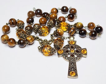 Anglican Prayer Beads - Protestant Rosary - Celtic Cross - Tiger's Eye Stone Beads
