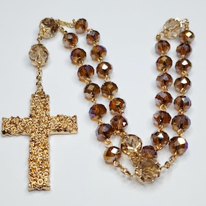 Anglican Prayer Beads, Protestant Rosary, Gold Tone Cross Prayer Beads, Brown Glass Prayer Beads, Anglican Protestant Gift