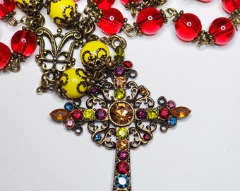 Anglican Prayer Beads - Protestant Rosary - Red Yellow Bronze - Handmade