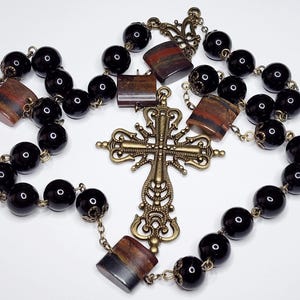 Large Anglican Prayer Beads, Anglican Rosary, Protestant Rosary, Bronze Black Glass and Stone Prayer Beads, Episcopal Gift