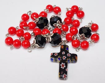 Anglican Prayer Beads - Protestant Rosary - Murano Cross Red Black Glass