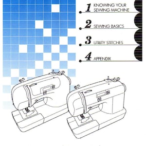 May include: A black and white illustration of a computerized sewing machine with a digital display. The image is from a sewing machine operation manual with a table of contents listing "Knowing Your Sewing Machine", "Sewing Basics", "Utility Stitches", and "Appendix".