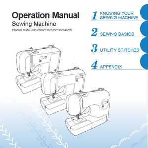 May include: A black and white line drawing of a sewing machine. The image is from a sewing machine instruction manual. The manual has a table of contents with the following headings: Knowing Your Sewing Machine, Sewing Basics, Utility Stitches, and Appendix.