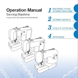 May include: A black and white illustration of a sewing machine with the text "Operation Manual Sewing Machine" and "Product Code: 885-V60/V61/V62/V63/V64/V65" on the page. The page also has a numbered list of sections: "Knowing Your Sewing Machine", "Sewing Basics", "Utility Stitches", and "Appendix".
