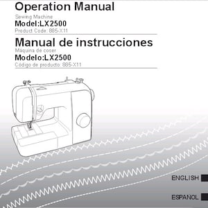 Könnte beinhalten: Schwarz-weiß-Zeichnung einer Nähmaschine mit dem Text "Operation Manual" und "Model: LX2500" über dem Bild. Der Text "Manual de instrucciones" und "Modelo: LX2500" befindet sich unter dem Bild. Der Text "English" und "Español" befindet sich unten im Bild.