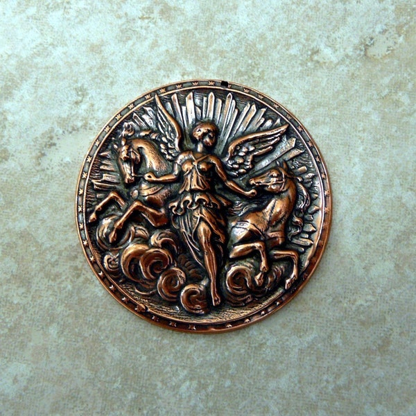 Winged Sun Goddess and horses stamped medallion Drilled for stringing