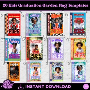 Puede incluir: Veinte plantillas de banderas de jardín para graduación imprimibles con diseños coloridos y una variedad de temas, que incluyen autos de carreras, flores y tie-dye. Cada plantilla incluye un espacio para una foto y el texto "Clase de 2025".