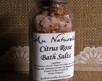 Citrus Rose Bath Salts  -  Four Ounce  -  Himalayan Pink Chunky Sea Salt -  Magnesium Flakes   -  Rose Buds -  All Natural -  Spa Treatment