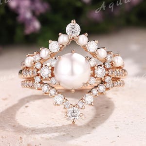 Weiß Akoya Perle Verlobungsring Set 3 Stück Vintage Solid Gold Ring Perle MoissaniteEnhancer Hochzeit Ring Versprechen Jahrestag Geschenke für Sie