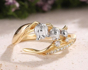 Lily of the Valley Ring Two Tone Moissanite Engagement Ring Gold Wedding Ring for Women Birthday Flower Ring Promise Anniversary Gifts