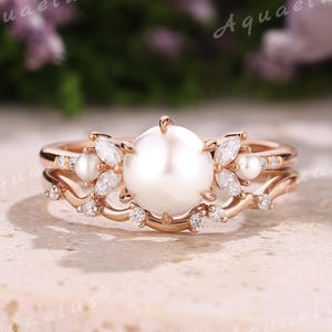 Vintage Akoya Perle Verlobungsring Set Rose Gold Moissanite Ehering Perle Hochzeit Ring Set Jahrestag Hochzeitsgeschenke Ringe für Frauen