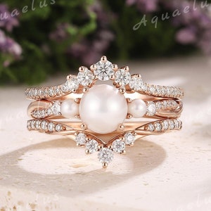 3pc Akoya Pearl Engagement Ring Set Vintage Rose Gold Pearl Rings for Women Moissanite Curved Wedding Band Promise Anniversary Gift for Mum