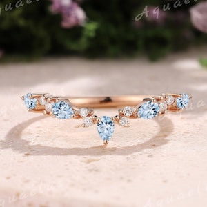 Unique Aquamarine Wedding Band Rose Gold Art Deco Moissanite Curved Wedding Band March Birthstone Stackable Rings Jewelry Gifts For Women