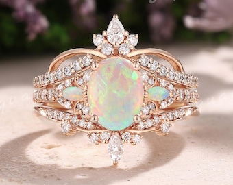 Natural Opal Engagement Ring Set Rose Gold Opal Ring For Women Moissanite Wedding Ring Set Anniversary Promise Ring 3pcs Opal Ring Gifts