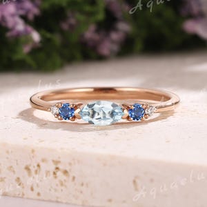 Art Deco Aquamarine Wedding Band Rose Gold Moissanite Wedding Rings Women Stackable Matching Rings Anniversary Birthstone Gifts for Her