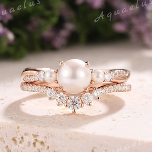 Akoya Perle Verlobungsring Set Rose Gold Moissanite Ehering 2 Stück Natürliche Perle Ehering Set Jahrestag Geschenk Perle Ring für Frauen