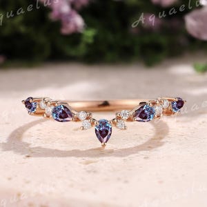 Unique Alexandrite Wedding Band Solid Gold Moissanite Art Deco Moissanite Curved Wedding Ring Women Matching Rings Jewelry Gifts For Women