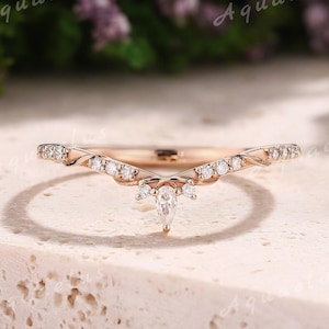 Fede nuziale in moissanite Art Déco, oro rosa, unica fede nuziale curva con moissanite, anelli abbinati impilabili da donna, gioielli fatti a mano per la mamma