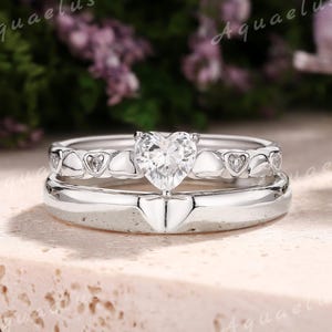 Heart Moissanite Ring Engagement Ring White Gold Couple Wedding Ring Set Matching Promise Anniversary Rings Engraved Love Gifts For Couples