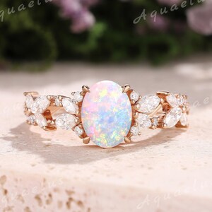 Oval Rainbow Natural Opal Engagement Ring Art Deco Moissanite Cluster Wedding Ring Rose Gold Fire Opal Jewelry Vintage Opal Gifts For Women