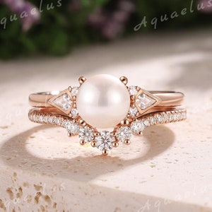 Natürliche Akoya Perle Verlobungsring Set Gold Moissanite Ehering Frauen Vintage Hochzeit Ring Set Jubiläum Geschenk Perle Schmuck für Frauen