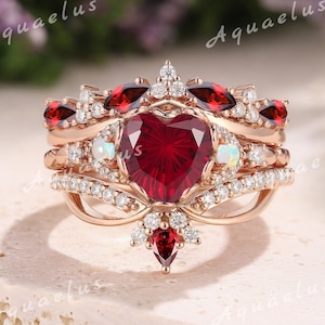 3 st hjärtröd fyrverkeri safir förlovningsringar i guldgranat, vigselring för henne, anpassad ring, jubileumsring, födelsesten i juli, gåvor